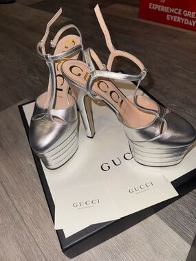 Gucci Metallic Silver Platform T-Strap Pumps